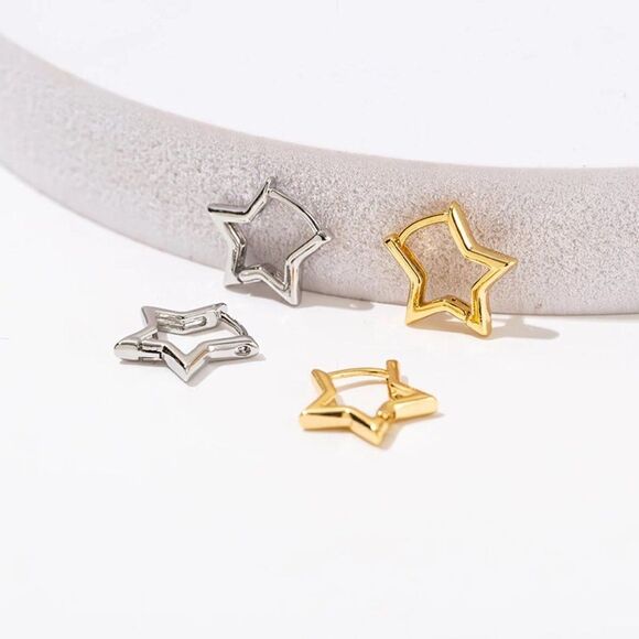 Silver Star Huggie Earrings - Picture 2 of 7